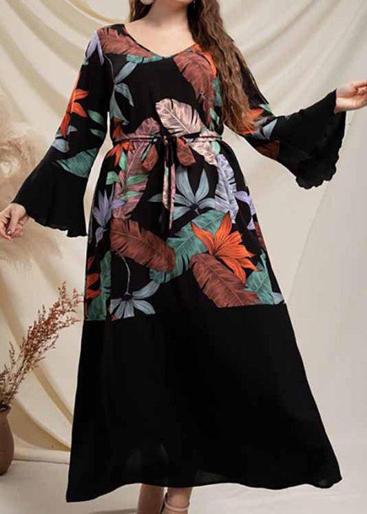 Novelty Black V Neck Print Tie Waist Chiffon Long Dress Long Sleeve