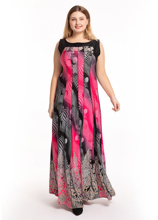 Novelty Pink Black O-Neck Striped Patchwork Silk Beach Long Dress Sleeveless