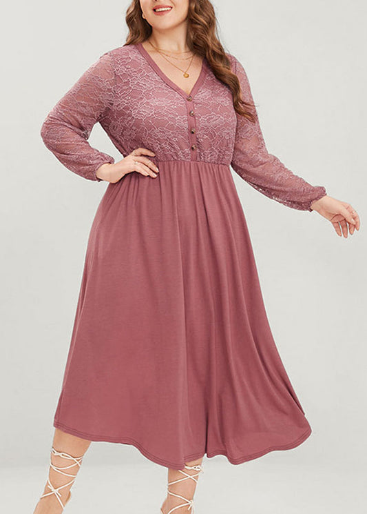 Novelty Pink V Neck Wrinkled Button Lace Patchwork Long Dress Fall