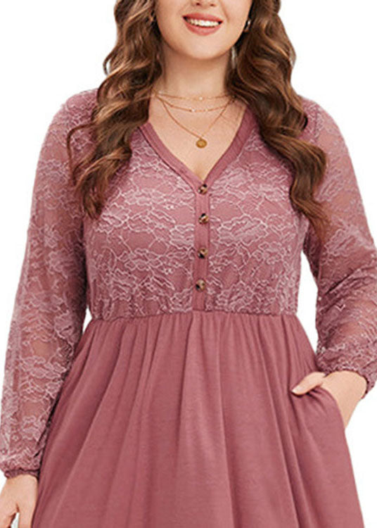 Novelty Pink V Neck Wrinkled Button Lace Patchwork Long Dress Fall