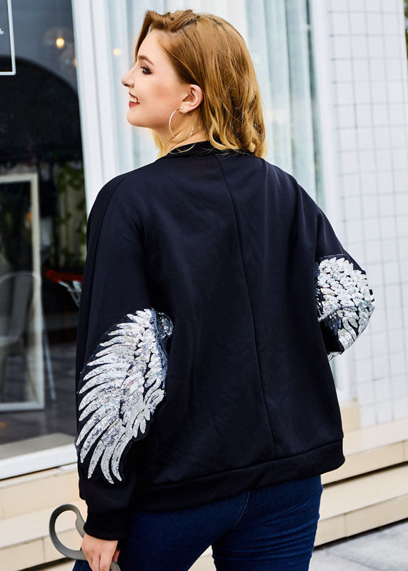Organic Black O-Neck Wing Embroideried Coats Long Sleeve