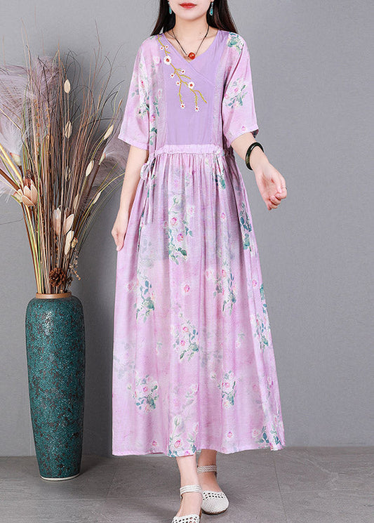 Pink V Neck Embroideried Drawstring Tie Waist Silk Vacation Dresses Short Sleeve