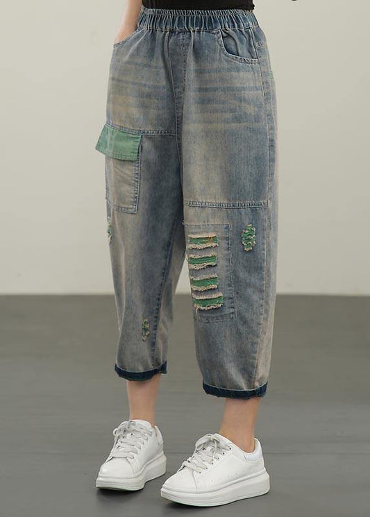 Plus Size Blue Elastic Waist Hole Denim Pants Summer