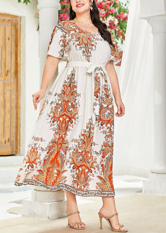 Plus Size Beige Print Tie Waist Patchwork Chiffon Long Dresses Short Sleeve