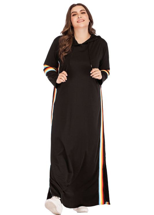 Plus Size Black Hooded Striped Side Open Patchwork Cotton Maxi Dresses Fall