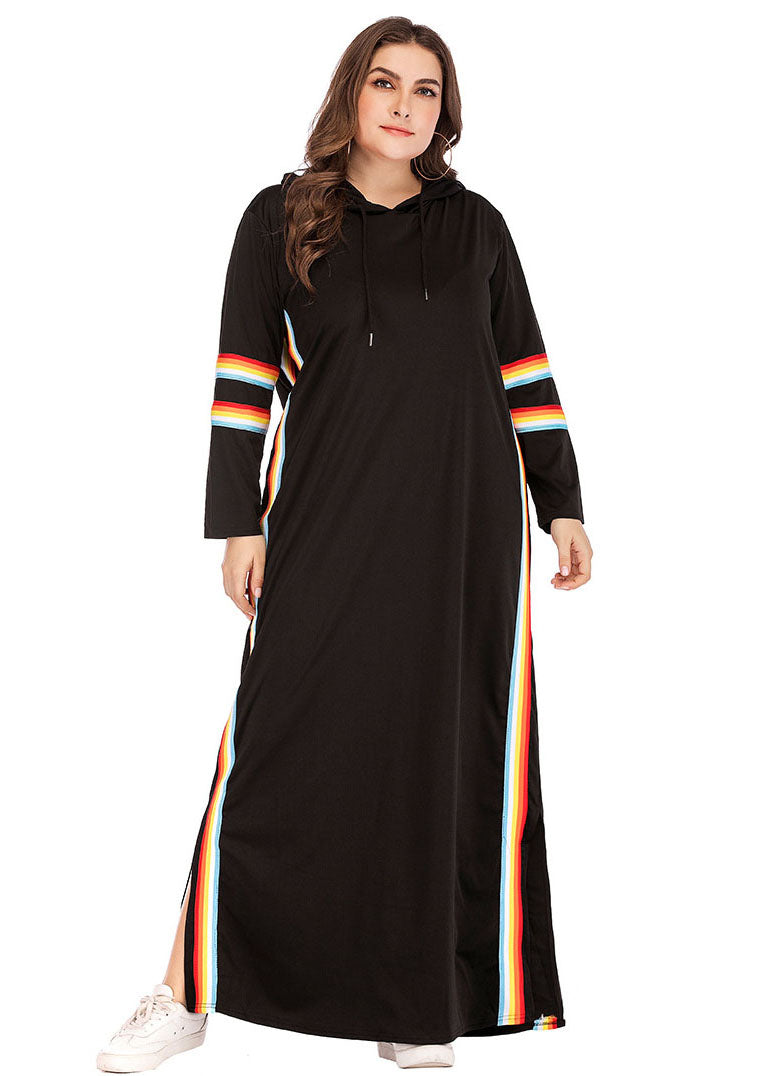 Plus Size Black Hooded Striped Side Open Patchwork Cotton Maxi Dresses Fall