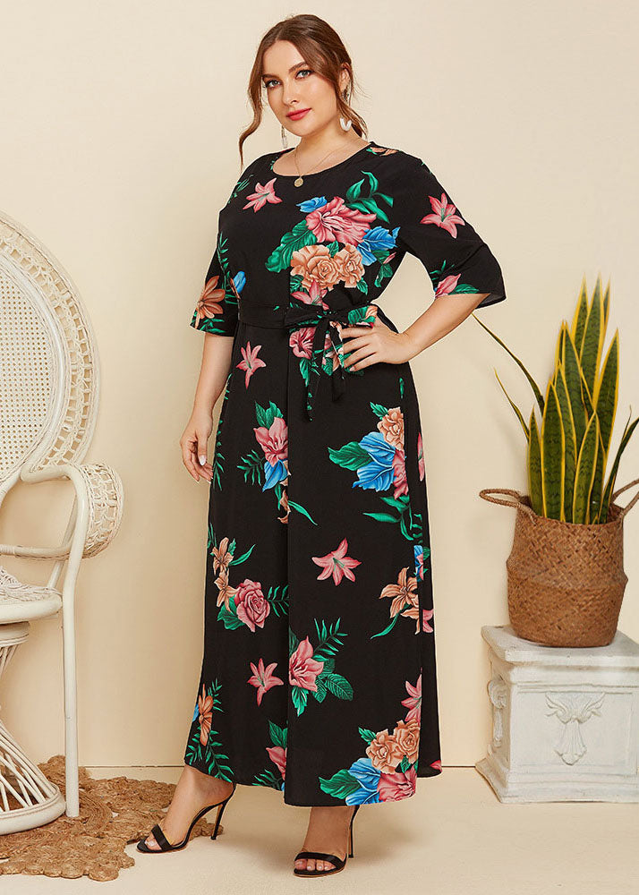 Plus Size Black Print Tie Waist Patchwork Cotton Long Dresses Summer