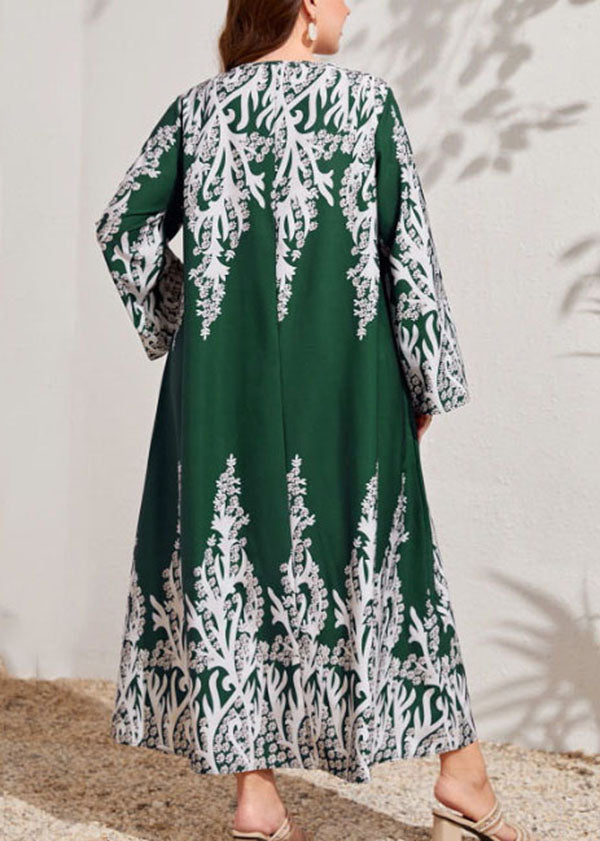 Plus Size Blackish Green O Neck Print Cotton Dress Long Sleeve