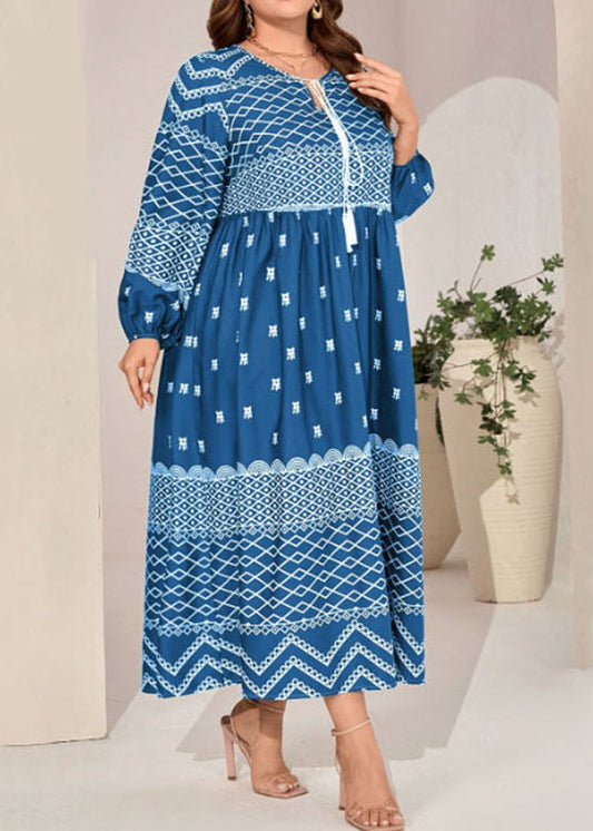 Plus Size Blue Lace Up Print Patchwork Cotton Long Dress Fall
