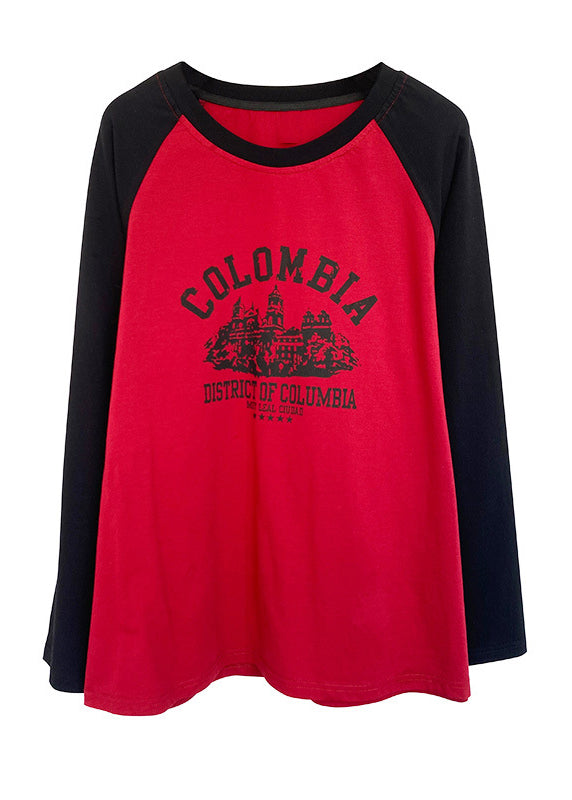 Plus Size Colorblock O Neck Print Cotton T Shirts Top Fall