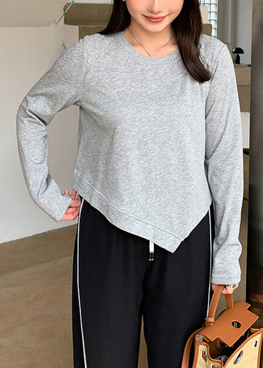 Plus Size Grey O-Neck Asymmetrical Patchwork Cotton Tops Fall