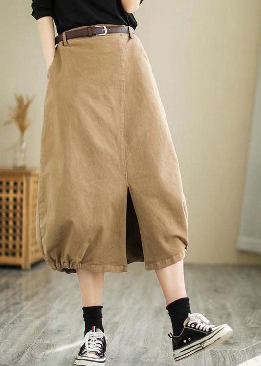 Plus Size Khaki side open high waist Cotton Skirt Spring