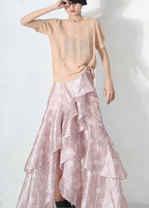 Plus Size Pink Print Summer Ruffles low high design Skirt