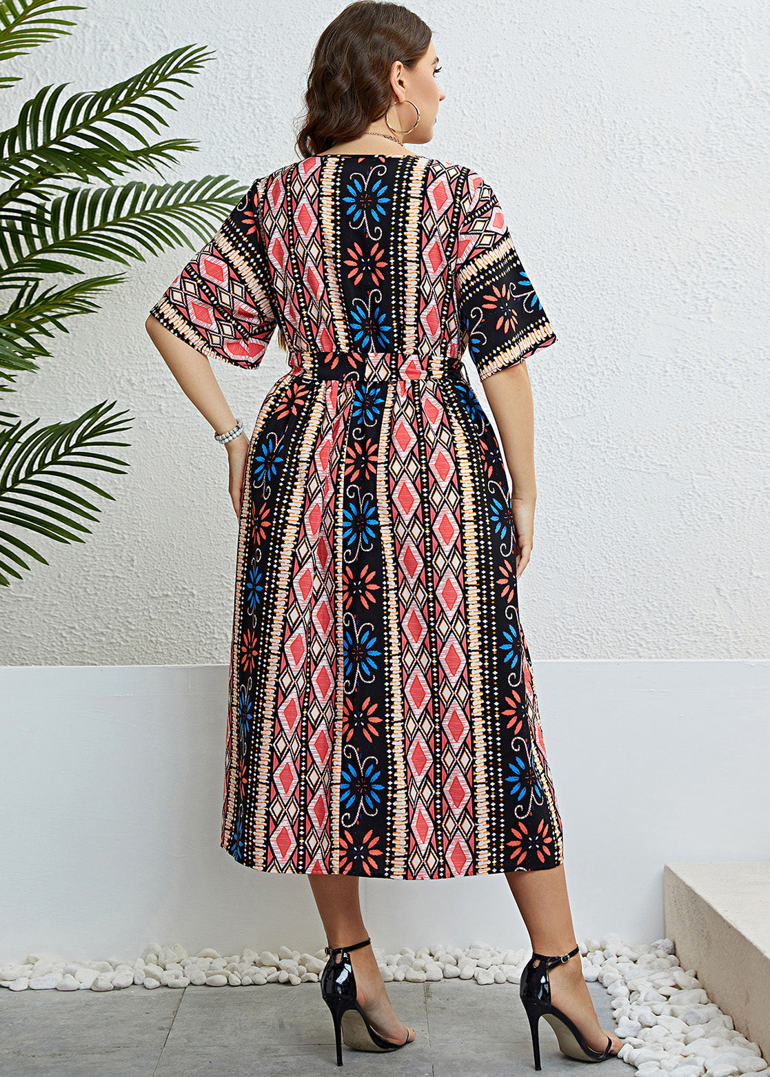 Plus Size Print Tie Waist Silk Maxi Dresses Summer