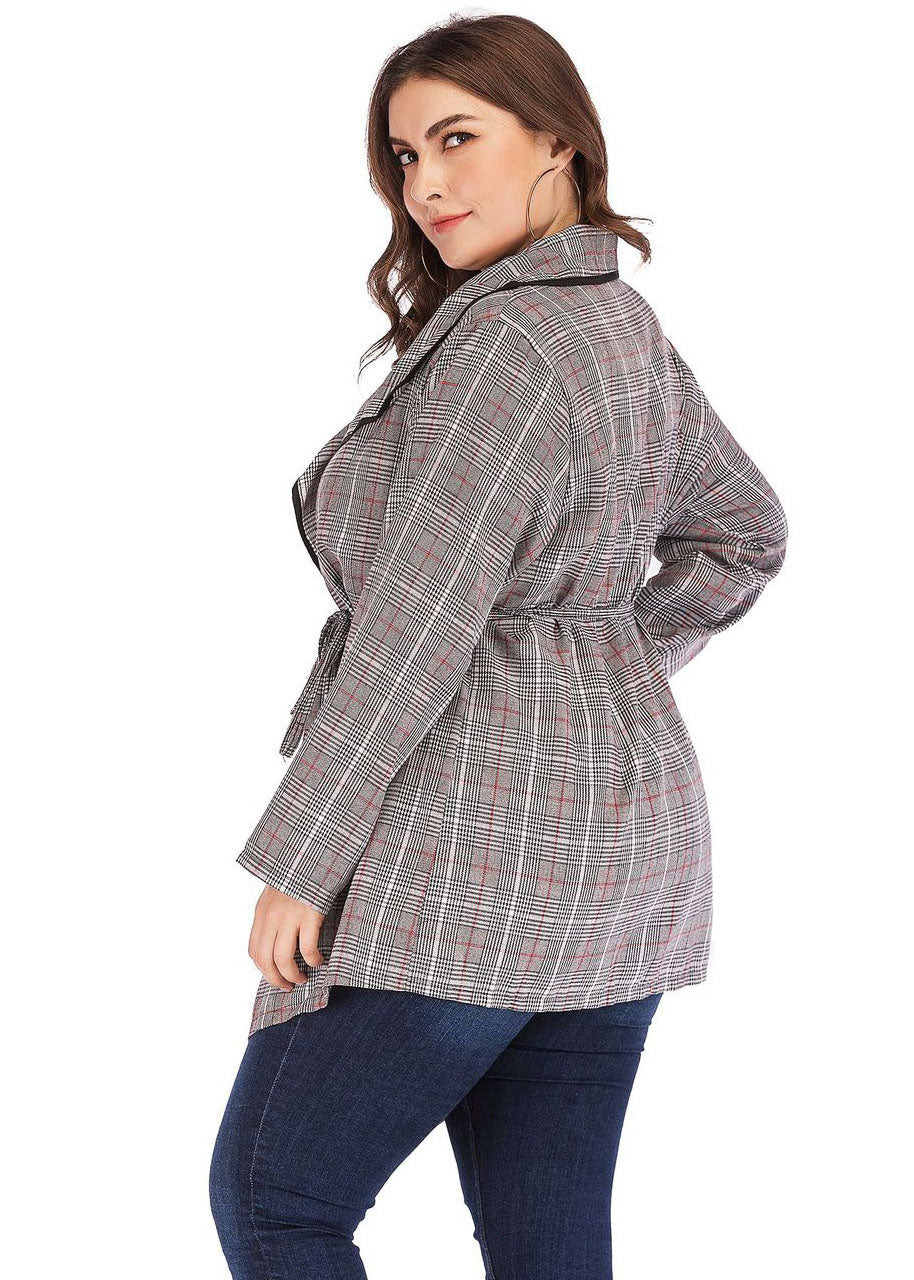 Plus Size Red Grey Striped Peter Pan Collar Tie Waist Trench Coats Fall