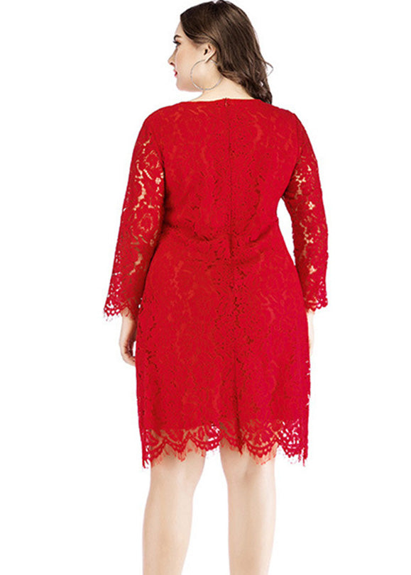 Plus Size White O-Neck Lace Mid Dresses Long Sleeve