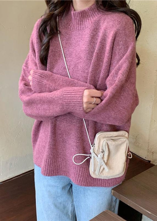 Pullover pink knitted pullover high neck plus size knitwear
