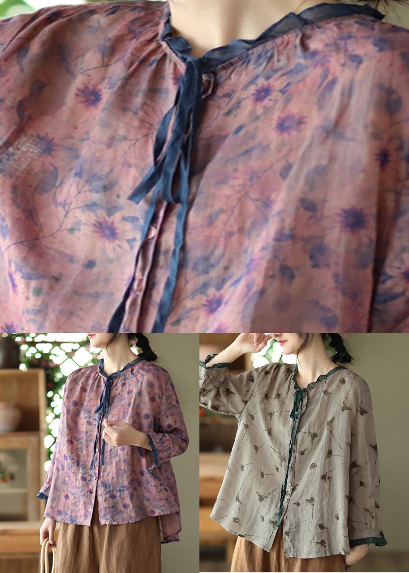 Purple O-Neck Ruffled Button Ramie Shirts Spring