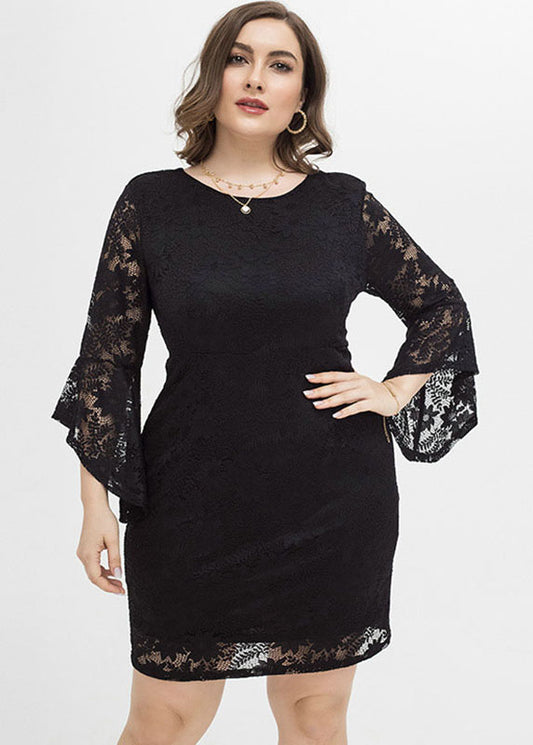 Sexy Black O-Neck Solid Lace Mid Dresses Fall