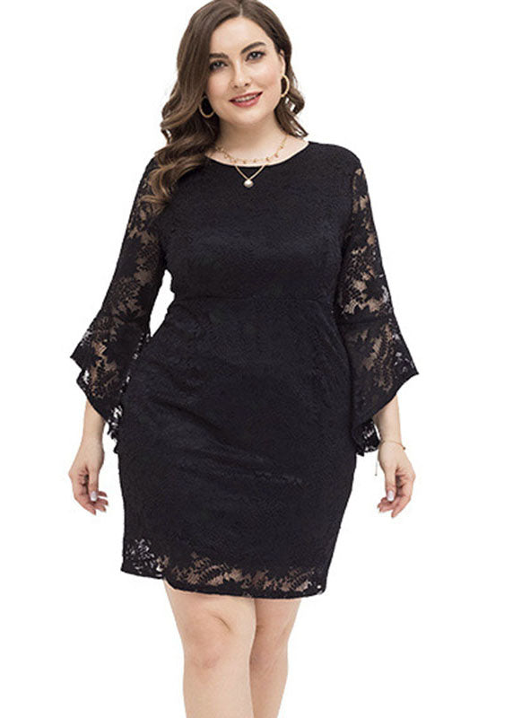 Sexy Black O-Neck Solid Lace Mid Dresses Fall