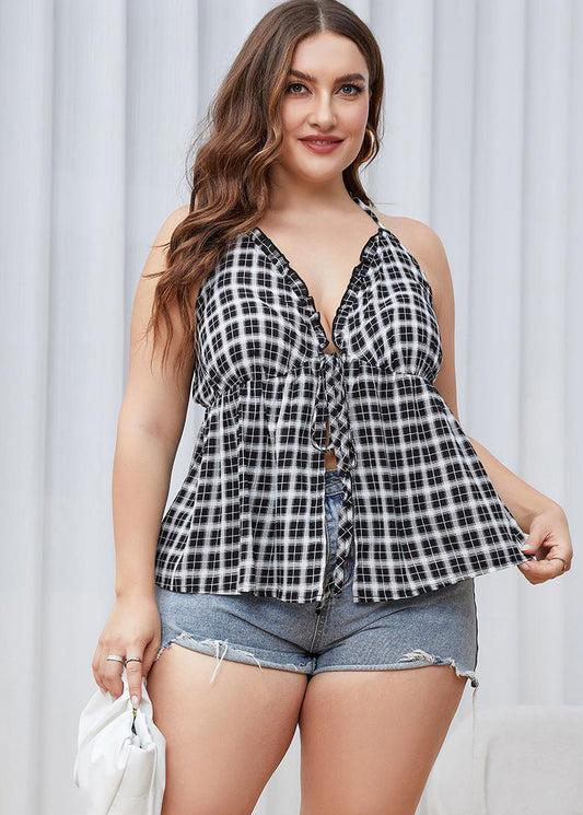 Sexy Black White Plaid V Neck Patchwork Cotton Top Summer