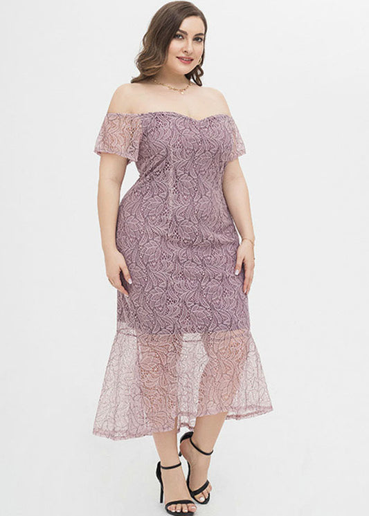 Sexy Lotus Pink Slash Neck Bustier Top Lace Maxi Dresses Short Sleeve