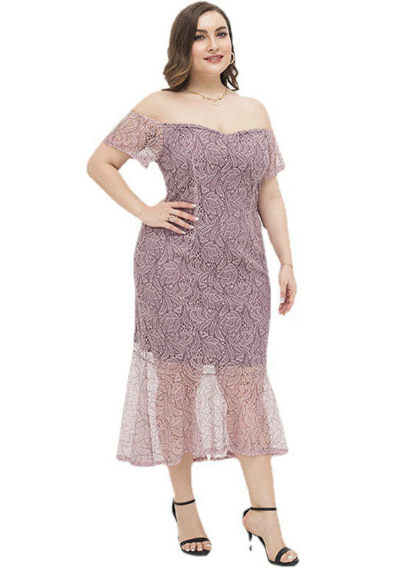 Sexy Lotus Pink Slash Neck Bustier Top Lace Maxi Dresses Short Sleeve