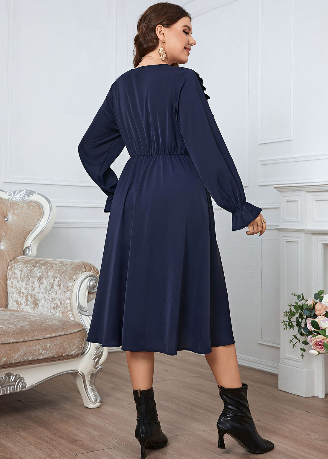 Simple Navy V Neck Ruffled Wrinkled Cotton Dress Flare Sleeve