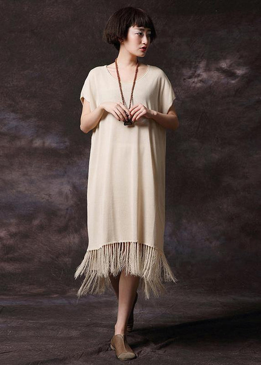 Simple pink tassel cotton Long Shirts o neck loose summer Dress