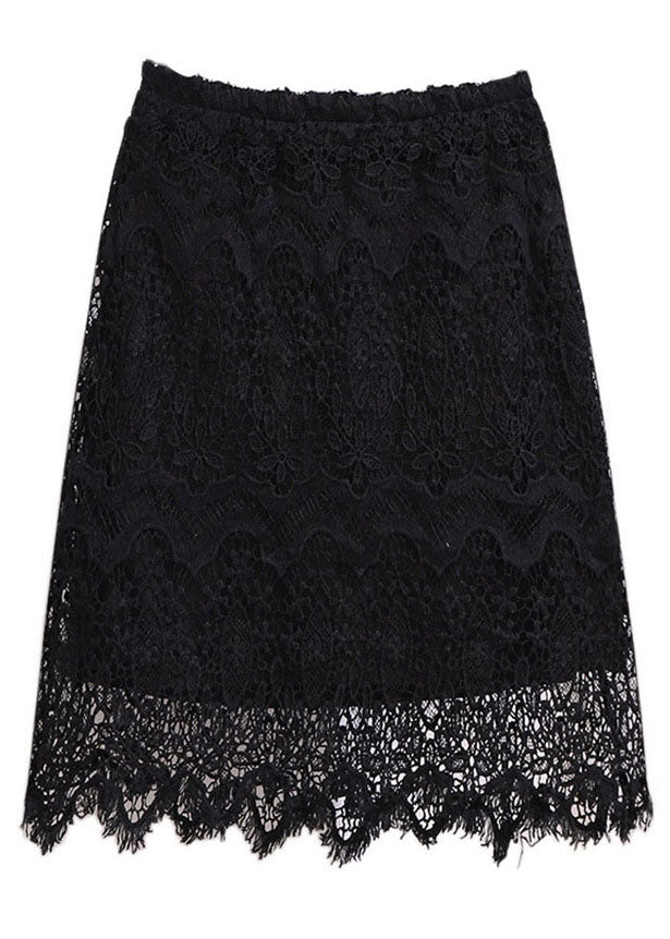 Slim Fit Black Hollow Out High Waist Patchwork Lace Skirt Summer