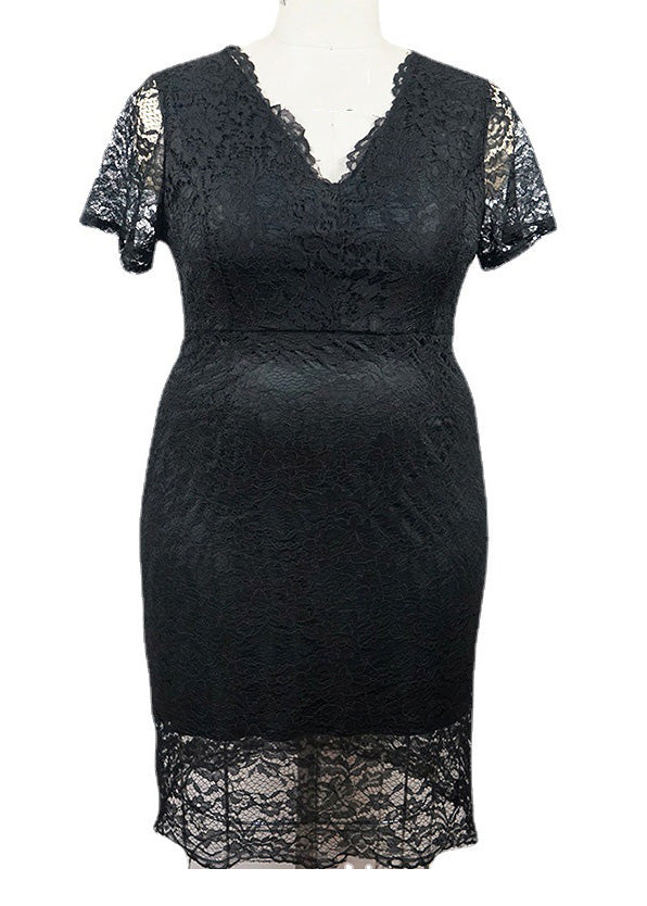 Slim Fit Black V Neck Patchwork Lace Mid Dresses Short Sleeve