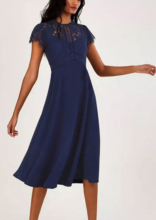 Slim Fit Navy Blue Lace Patchwork Knit Holiday Maxi Dress Short Sleeve