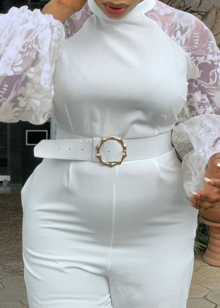 Slim Fit White O-Neck Tulle Patchwork Sashes Straight Jumpsuits Fall