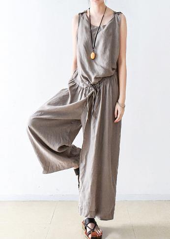 Spring Women Cotton Hemp Loose Wide Leg Jumpsuit Casual Pants