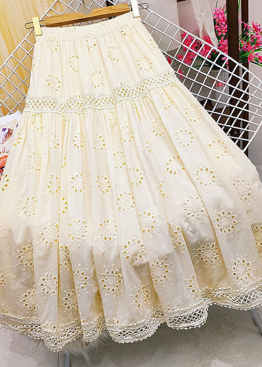 Style Apricot Embroideried Patchwork Lace Hollow Out Cotton Skirt Summer