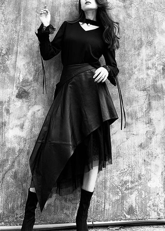 Style Black Asymmetrical Faux Leather Patchwork Tulle Skirt Spring