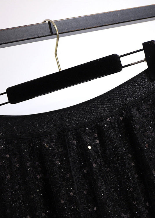 Style Black SequinsElastic Waist Patchwork Tulle Pleated Skirt Fall