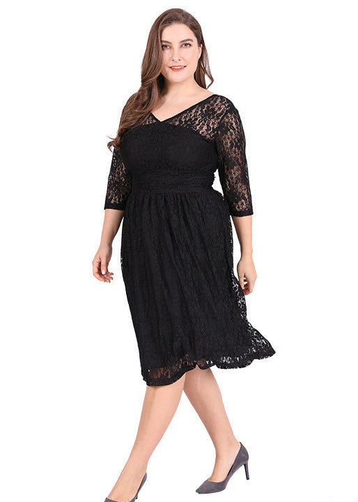 Style Black V Neck Solid Lace Mid Dresses Summer