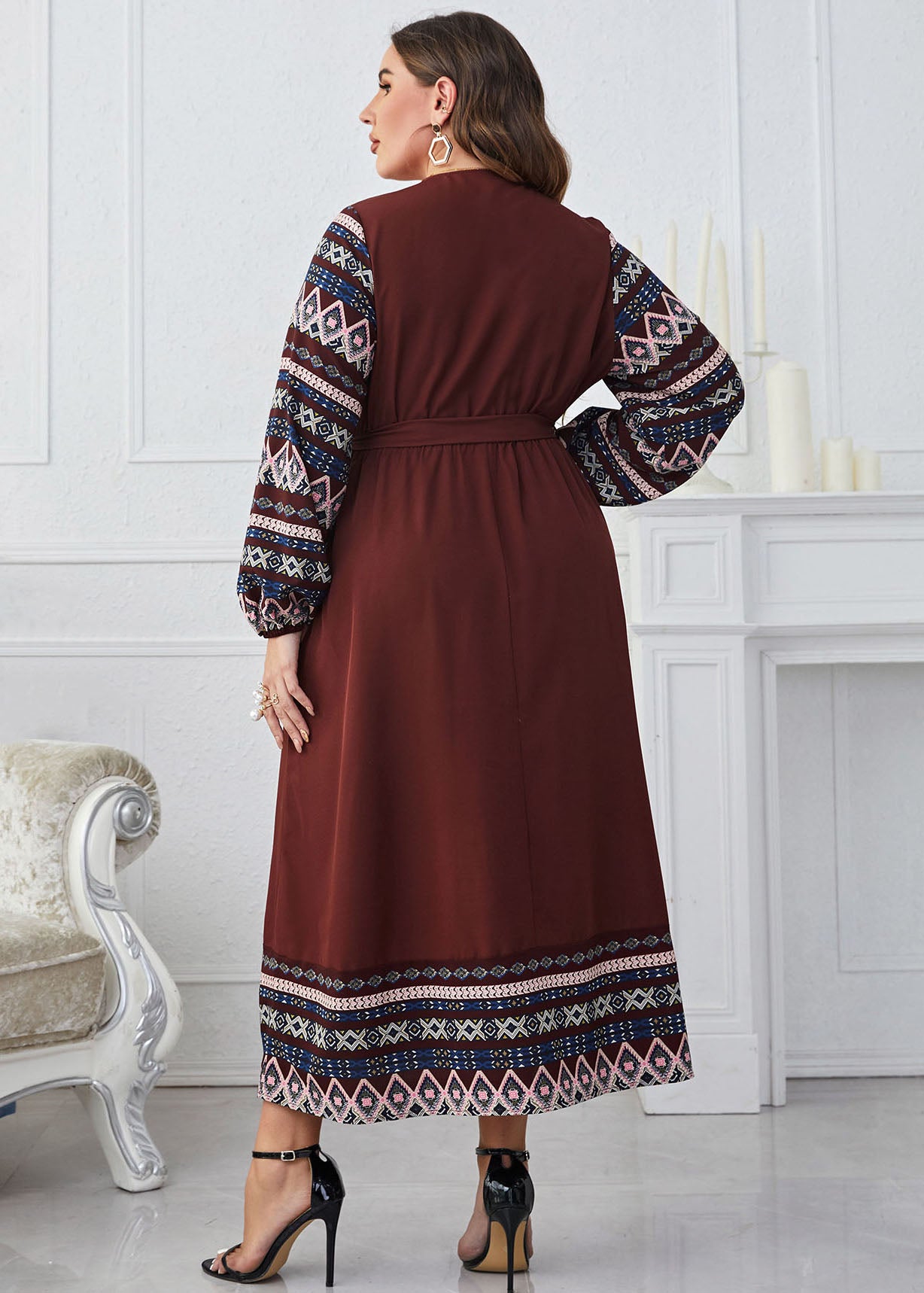 Style Brown V Neck Print Tie Waist Patchwork Chiffon Dress Fall