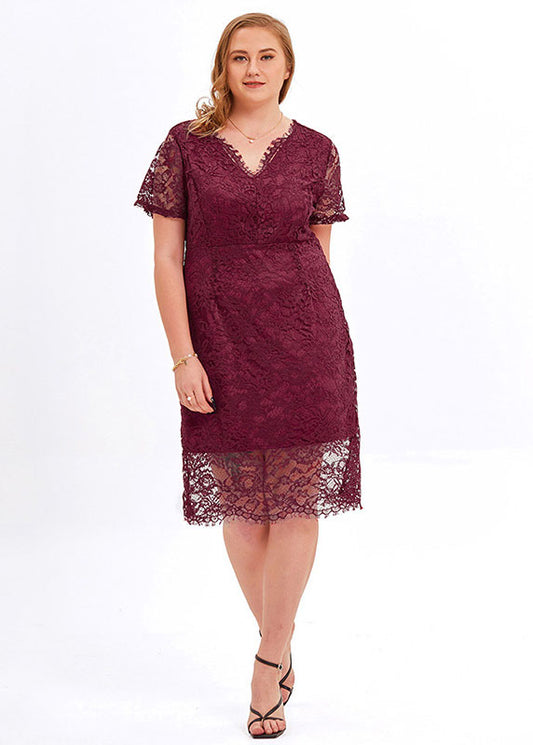 Style Mulberry V Neck Patchwork Lace Mid Dress Summer
