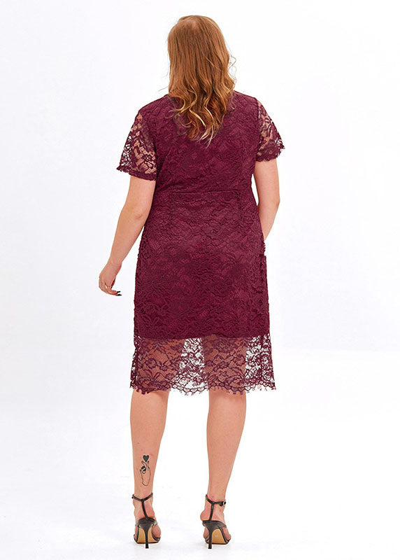 Style Mulberry V Neck Patchwork Lace Mid Dress Summer