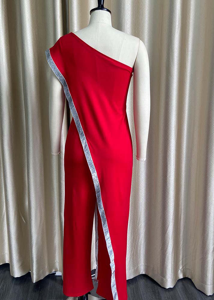 Style Red One Shoulder Asymmetrical Patchwork Sequins Jumpsuit Summer