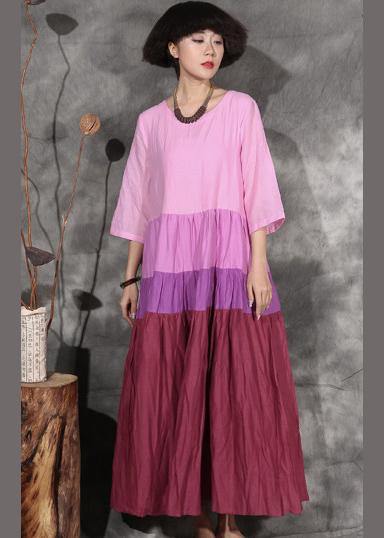 Style patchwork linen clothes For Women linen pink Dresses summer
