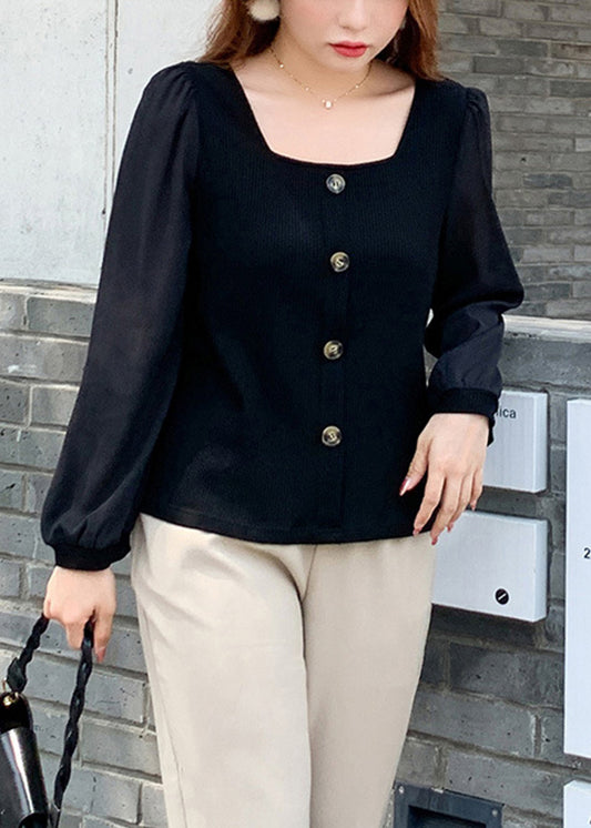 Stylish Black Square Collar Patchwork Knitting Cotton Top Fall