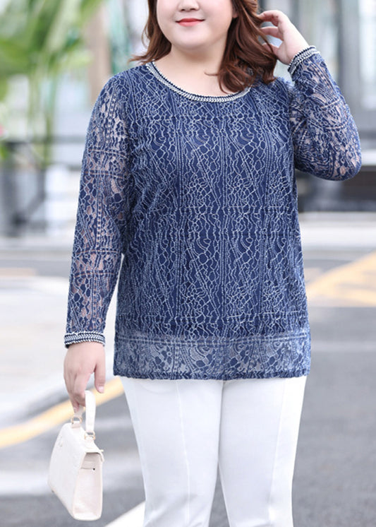 Stylish Blue O-Neck Lace Top Long Sleeve