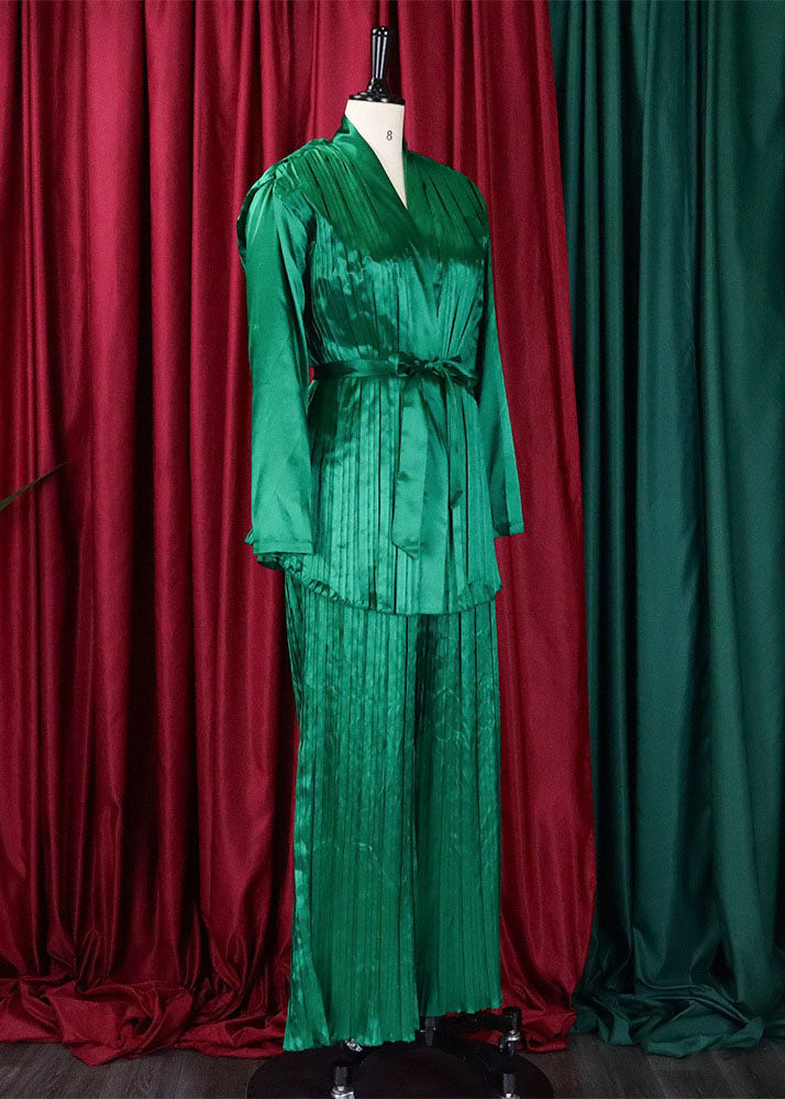 Stylish Green Wrinkled Tie Waist Chiffon Shirts And Pants Two Pieces Set Fall