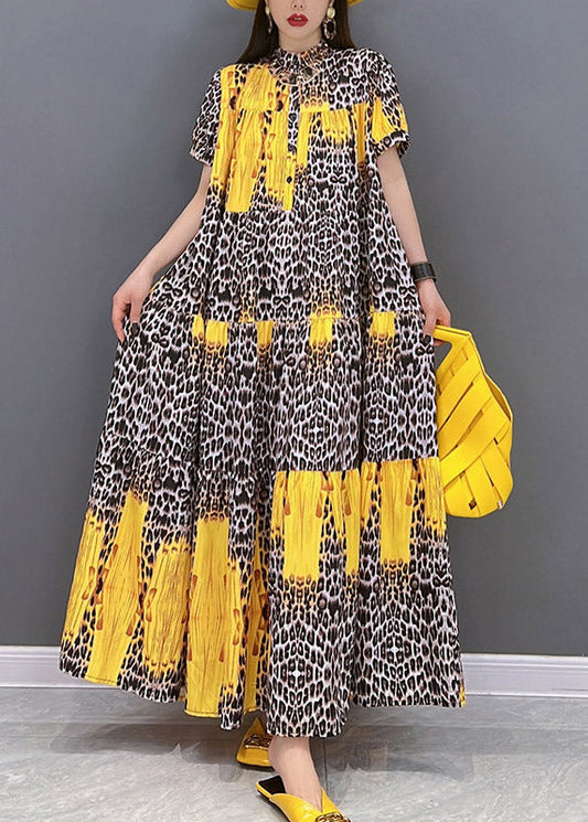 2022 Yellow Print Patchwork Long Dress Short Sleeve