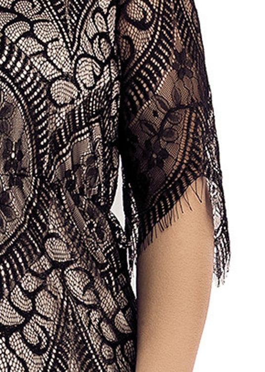Unique Black O-Neck Flattering Lace Mid Dress Half Sleeve