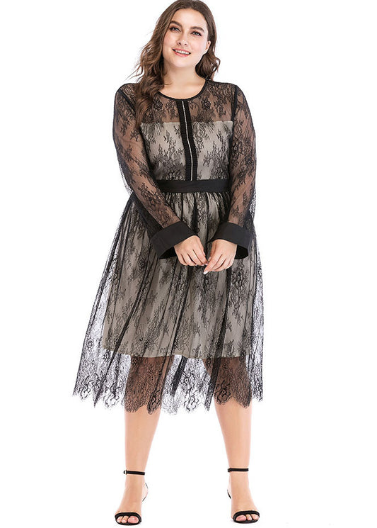 Unique Black Patchwork Wrinkled Lace Maxi Dress Long Sleeve