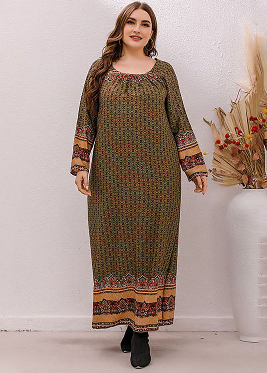 Unique Green O-Neck Print Maxi Dress Long Sleeve
